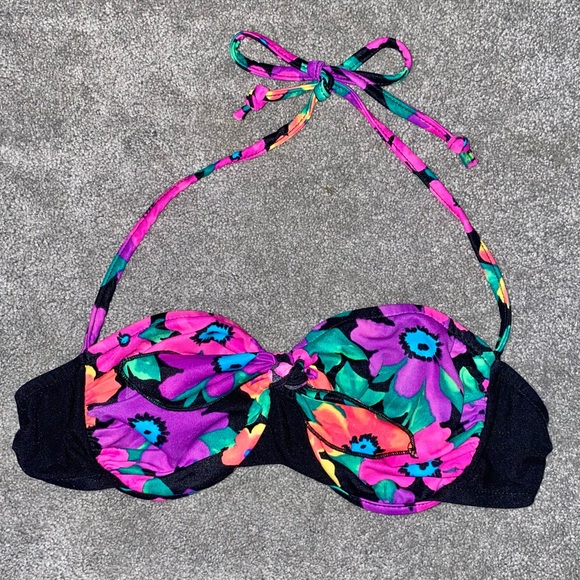 S VTG 90’s Carol Wior Neon Floral 2pc Bikini Underwire Halter Top Skirt Swimsuit - Picture 4 of 12